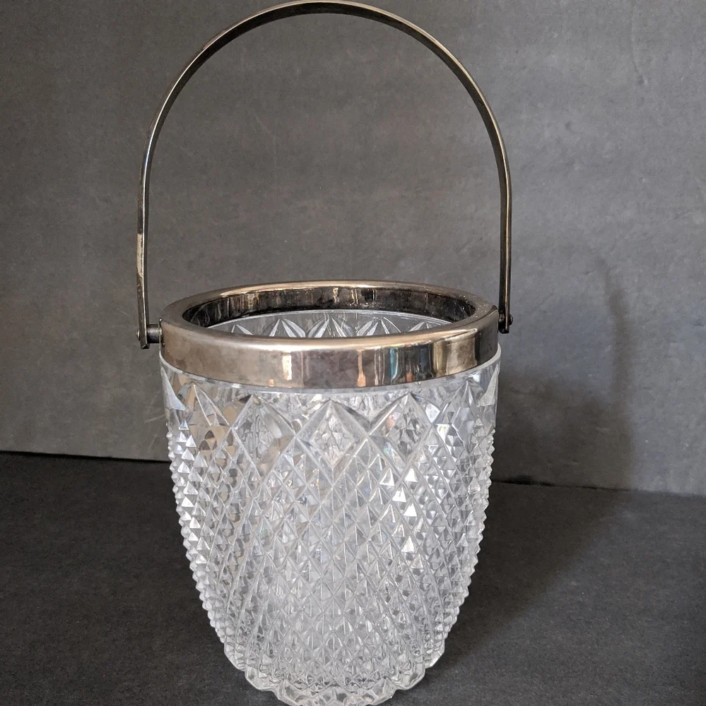 Vintage Cut Glass Diamond Point Crystal Ice Bucket Silver Plate Rim Handle